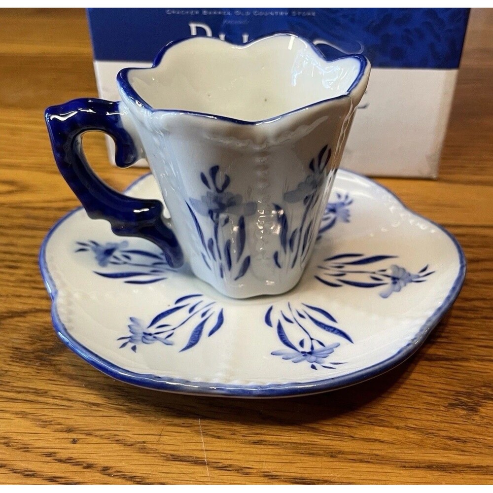 Cracker Barrel Blue & White Porcelain Teacup & Saucer Set Floral New In Box